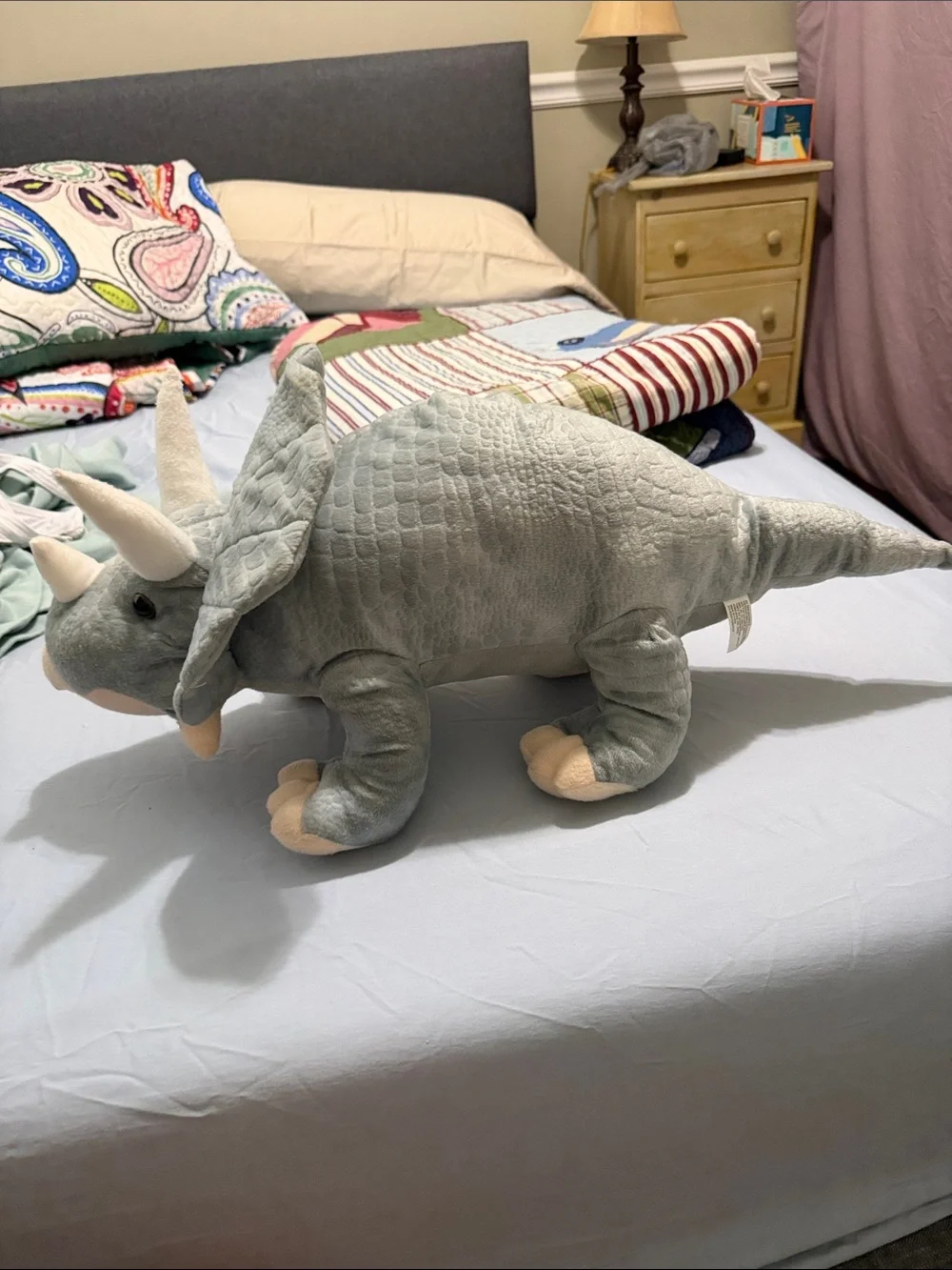 Plush Triceratops  dinosaur -Stuffed Animal - Light Gray with Cream Accents